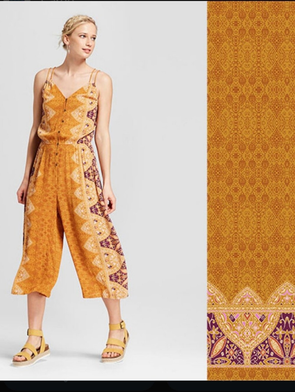 Xhilaration Mustard Yellow and Purple Patterned Spaghetti-Strap Jumpsuit